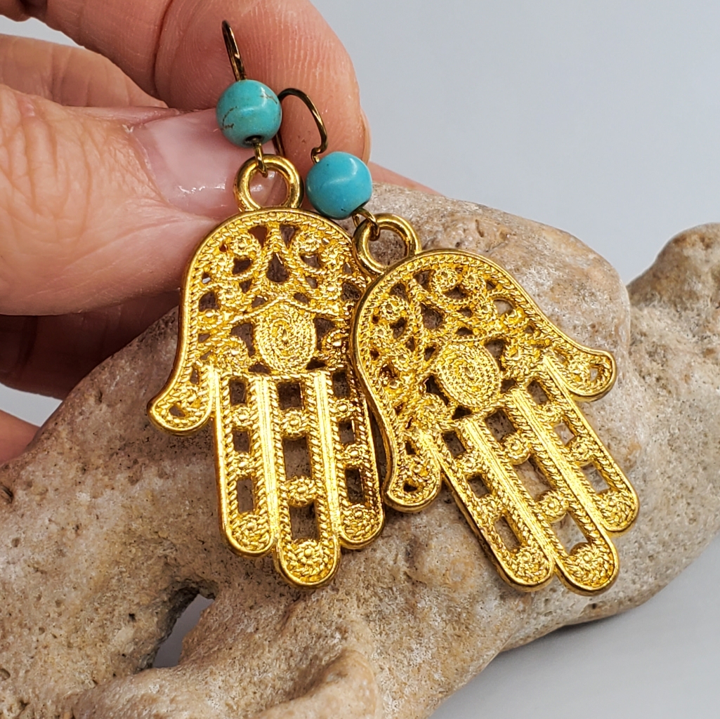 Gold Hamsa Hand Lightweight Gold Earrings Turquoise Stone Hanukkah Gift